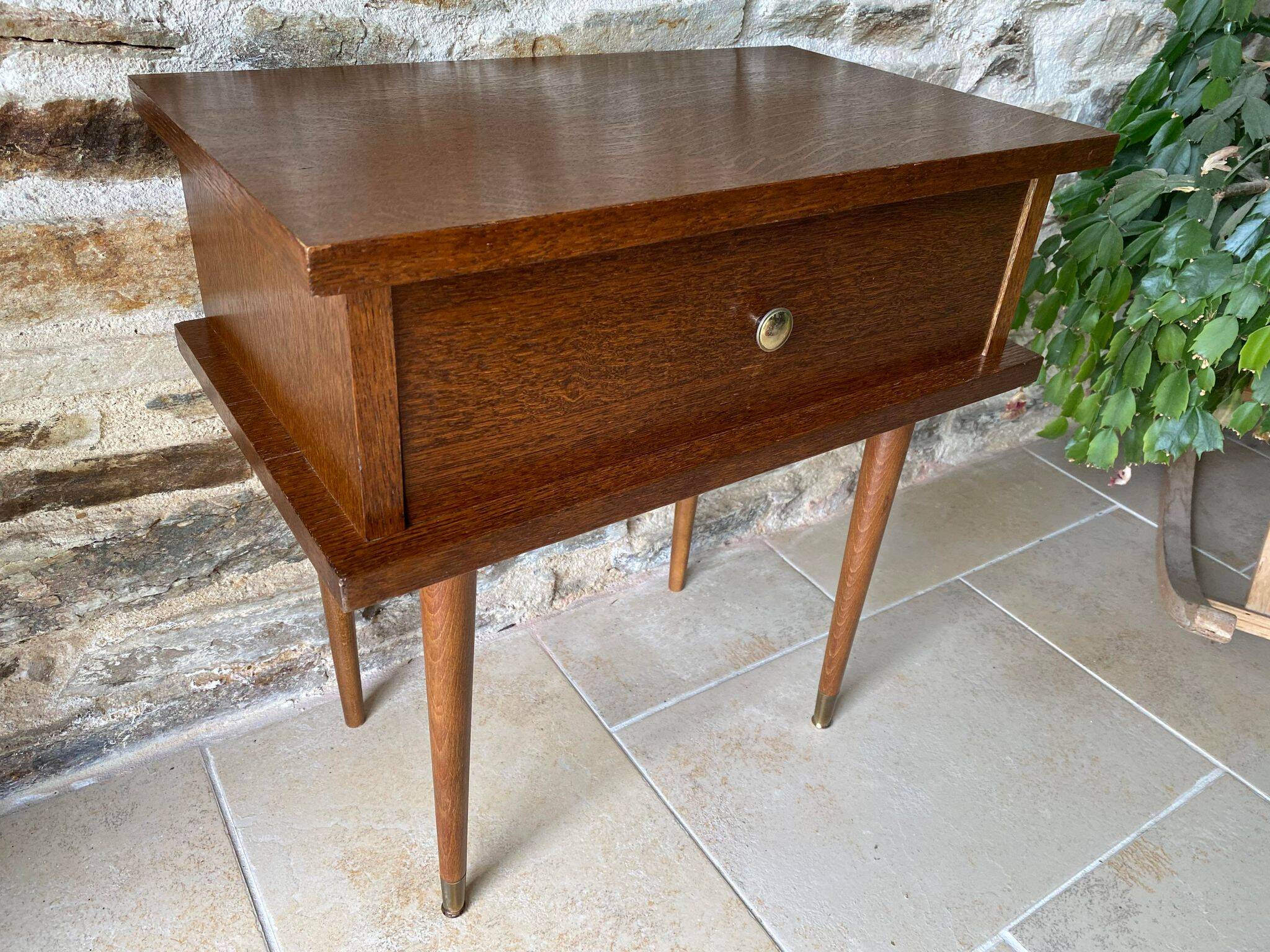60s bedside table varnished wood compass feet