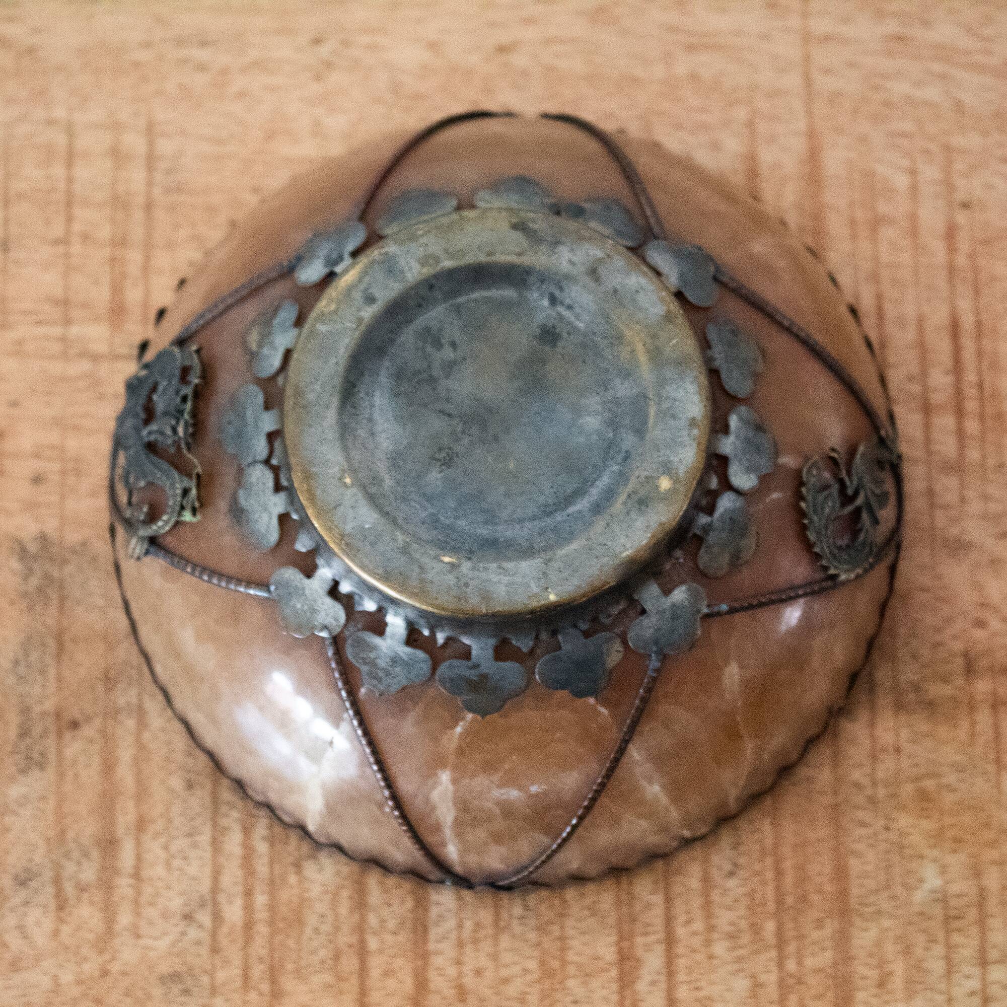 Vintage Oriental Stone Bowl with Metal Dragon and Phoenix Decorations