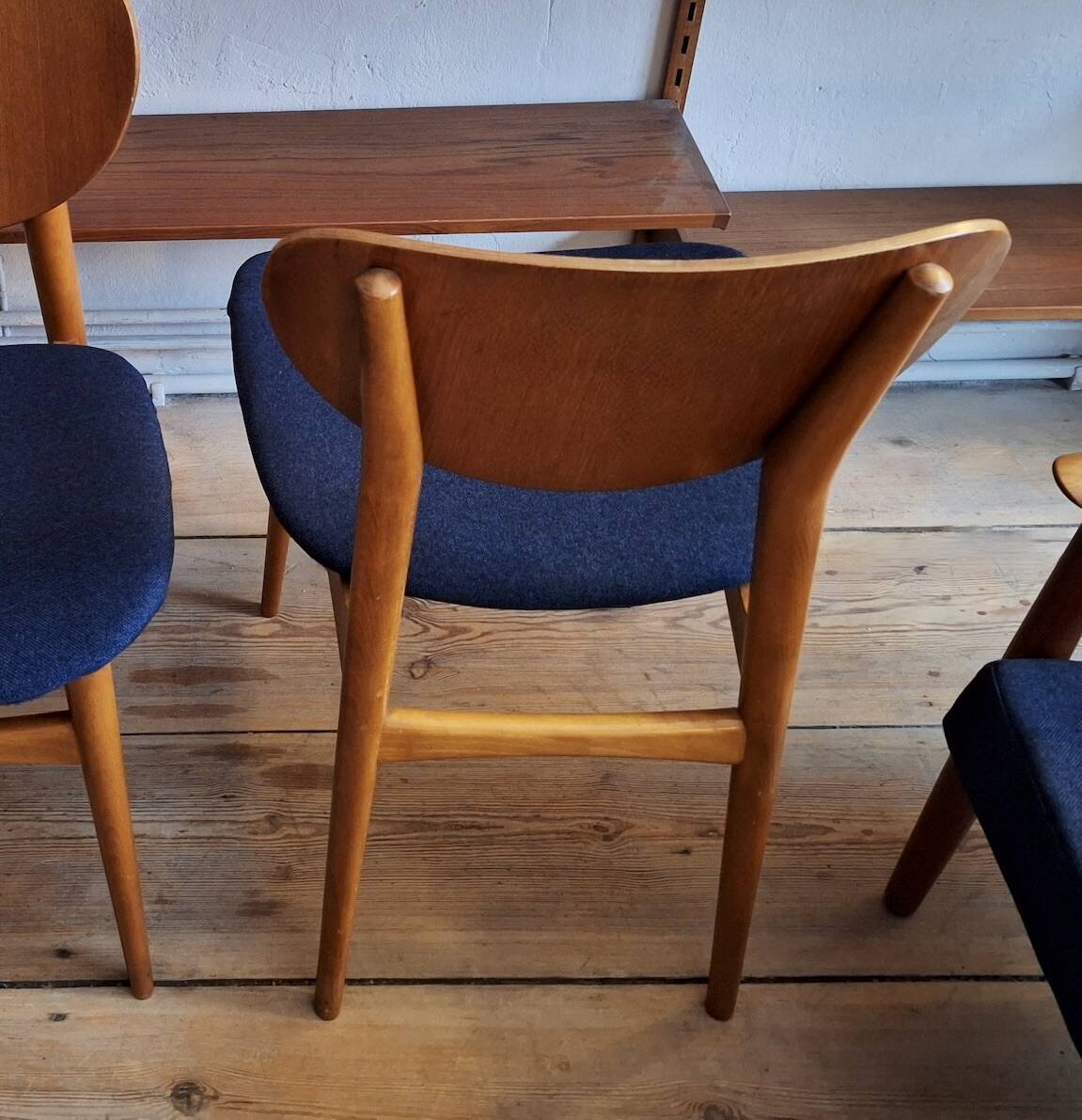 Pair of teak dining chairs with navy blue covers, Denmark 1960s