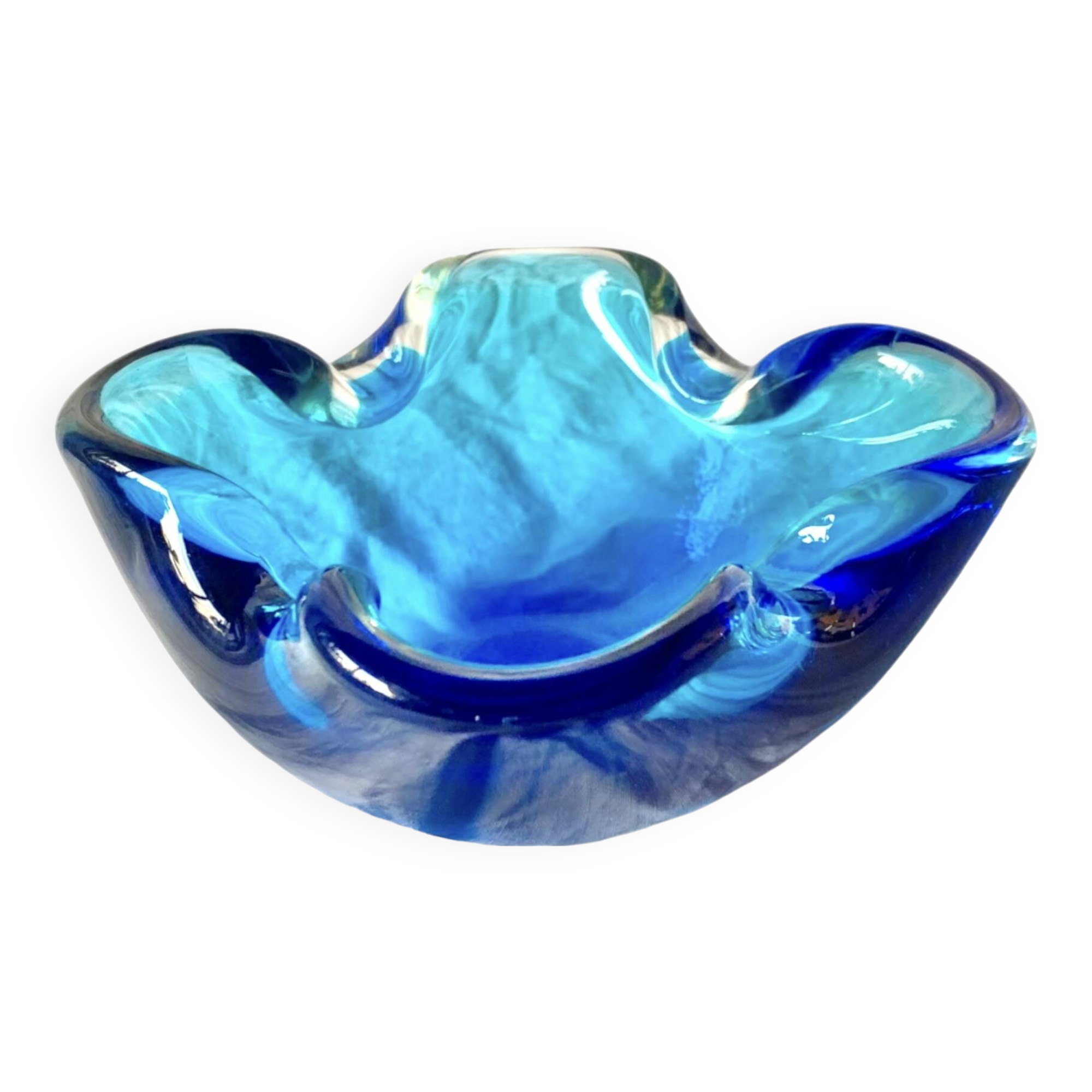 Cendrier vintage en verre soufflé bleu