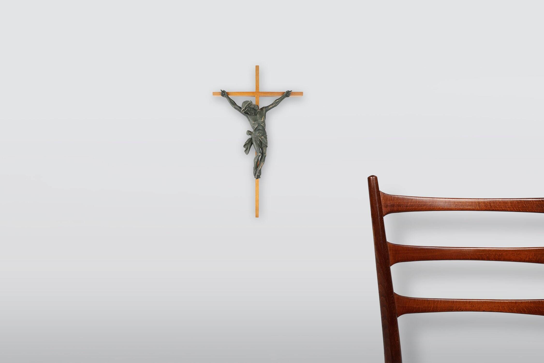 Antique Realistic Wooden Crucifix, France, 1850