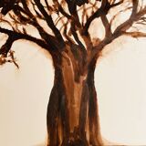 Signed monochrome watercolour painting of a baobab tree, South Africa.