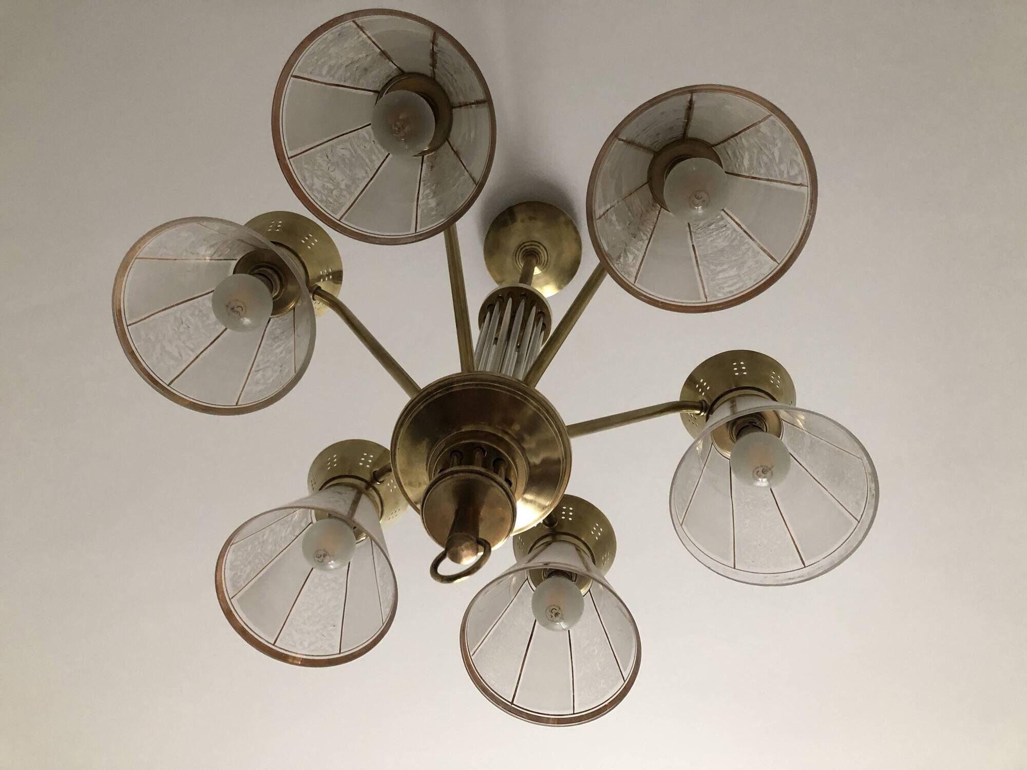1950s six-branch brass and glass chandelier