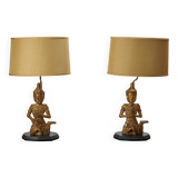 Paire de lampes  de table Bouddha en bois avec abat-jours