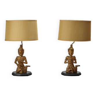 Pair of wooden Buddha table lamps with shades