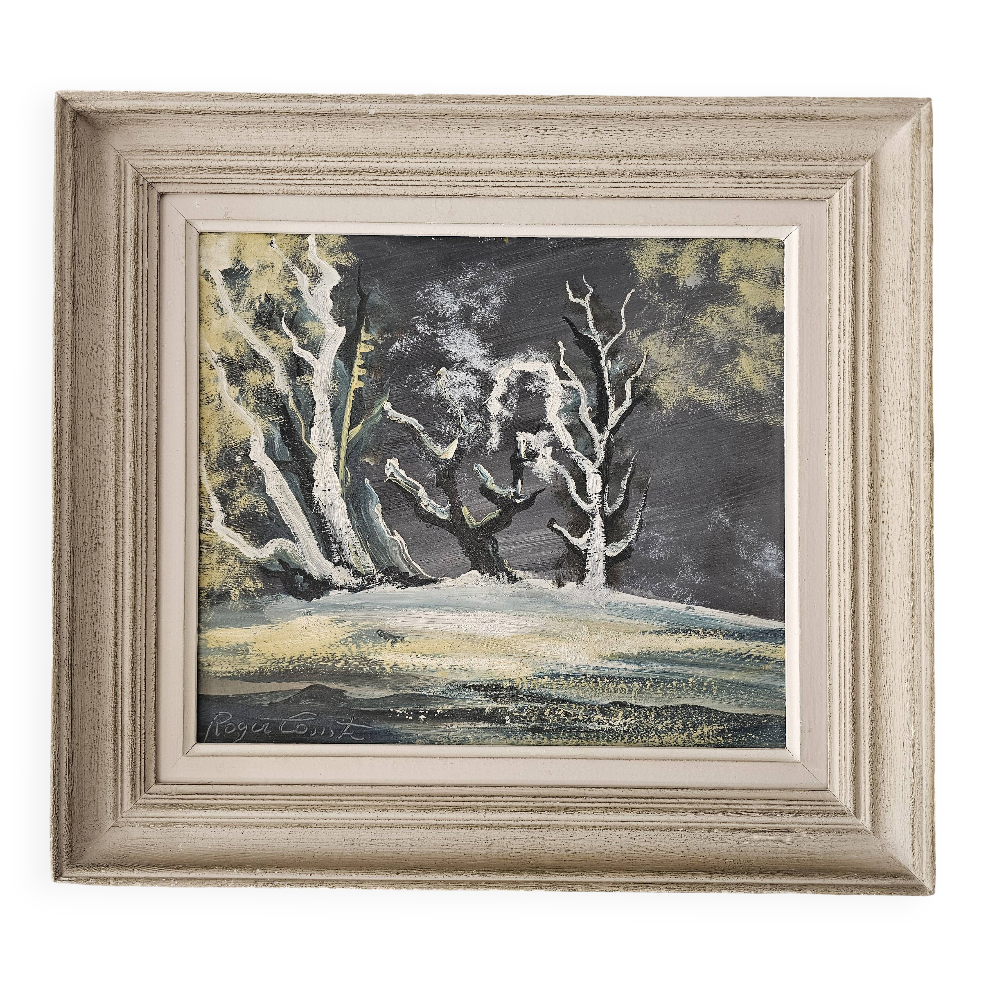 Oil painting on panel Winter Landscape signed Roger Comte