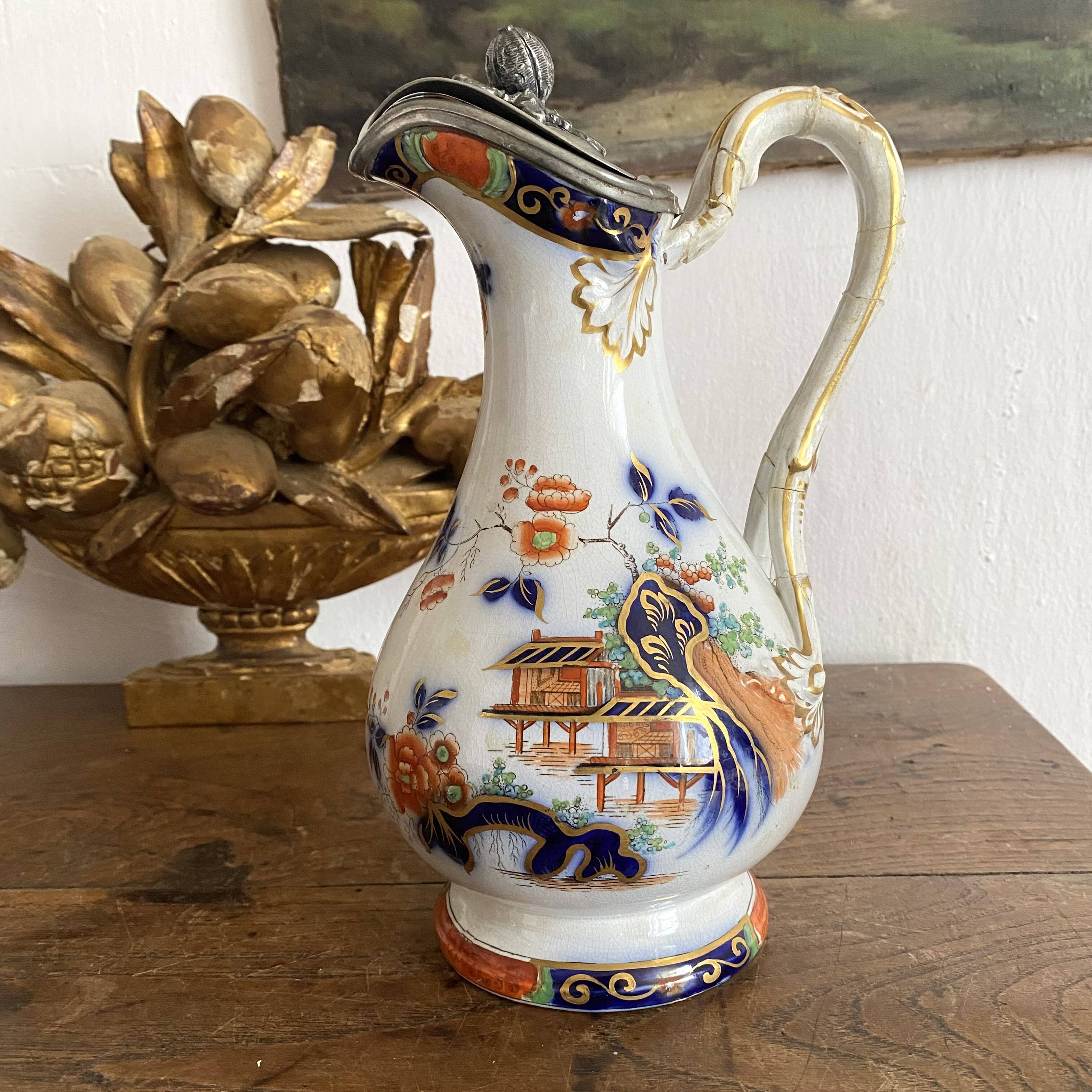 Antique polychrome porcelain jug, Orientalist decoration.