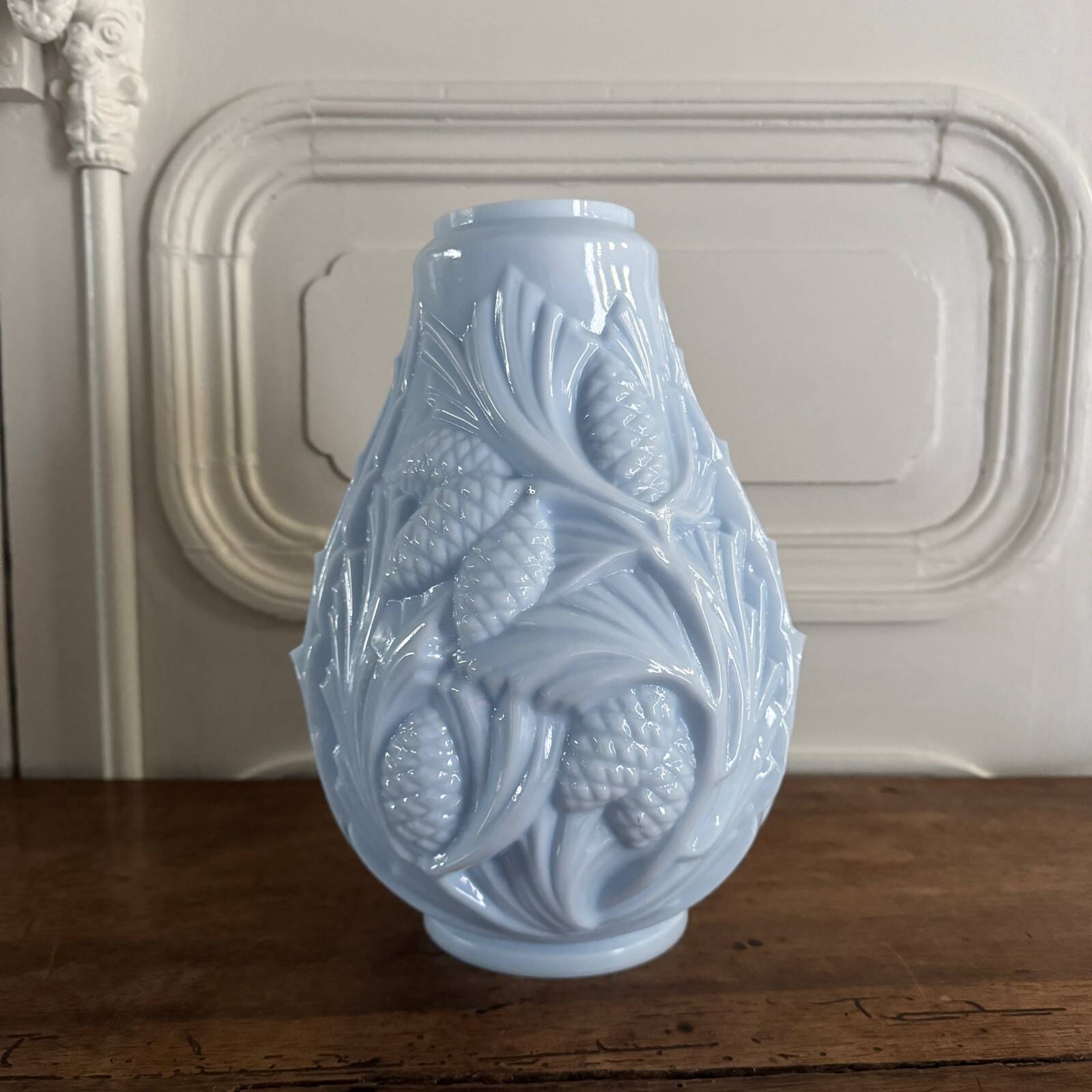Blue opaline vase decorated with foliage and pine cones, 1930