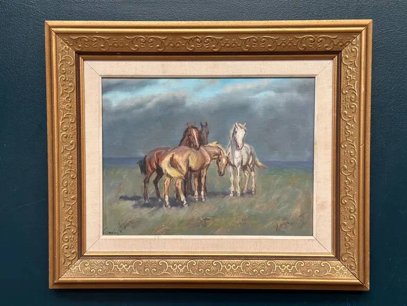 Original Swedish Oil on Canvas – “Horses” – Signed – Vintage & Framed – 59.5 × 49.5 cm