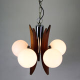Lustre danois à 5 lumières en verre opalin et bois