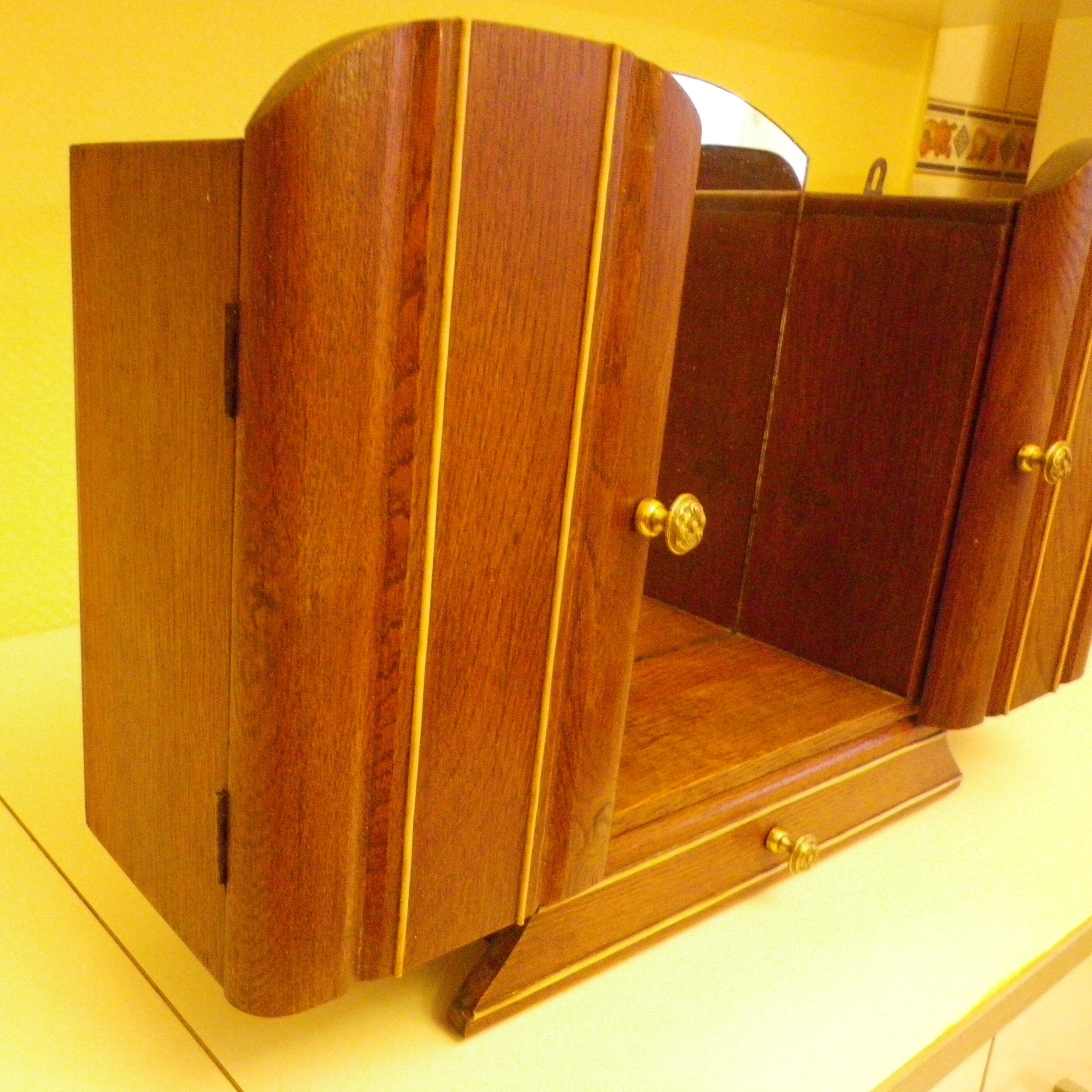 Art Deco extra furniture 1920/1940 to install or fix, wooden, central mirror, 2 doors, 1 drawer