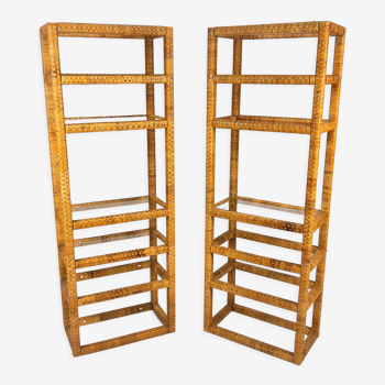 Set of 2 mid century tall wicker and glass etagere cabinet, 1970s