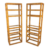 Set of 2 mid century tall wicker and glass etagere cabinet, 1970s