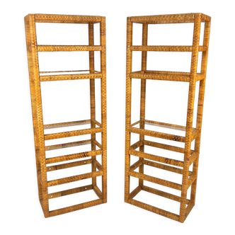 Set of 2 mid century tall wicker and glass etagere cabinet, 1970s