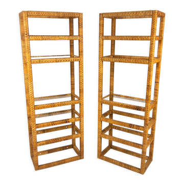 Set of 2 mid century tall wicker and glass etagere cabinet, 1970s