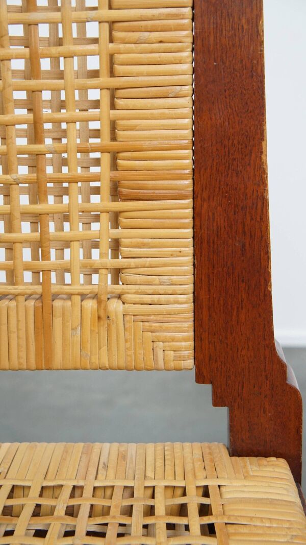 ensemble de 6 chaises de salle à manger design Art Déco en bois avec assise et dossier en osier