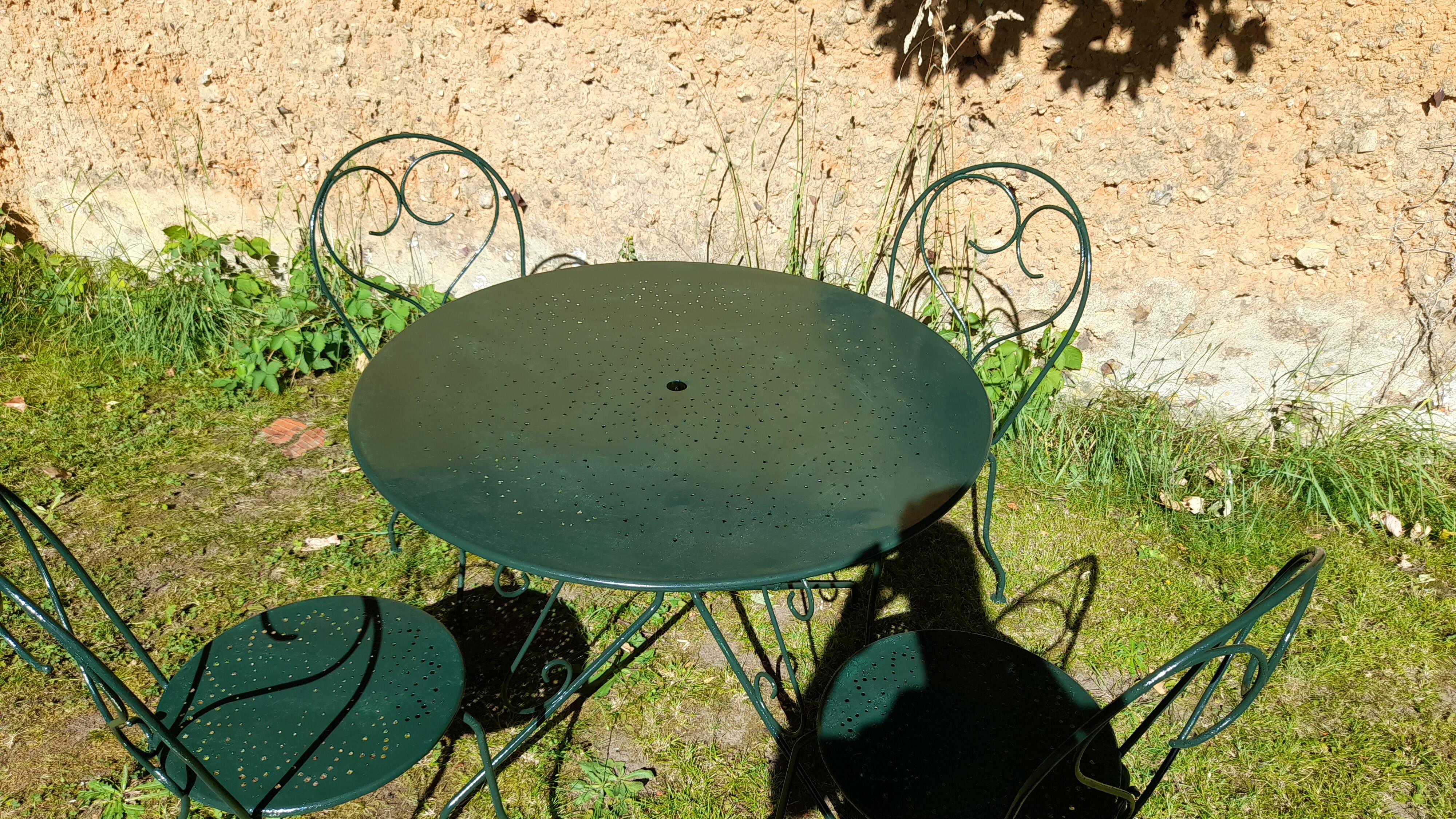 Salon de jardin ancien fer forgé 1 table 4 chaises vert wagon