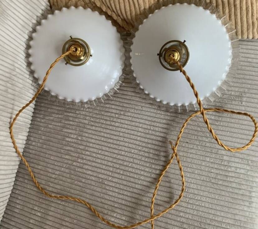 Old pairs of vintage white opaline pendant lights