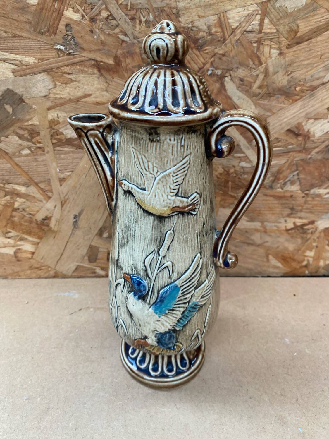 Antique teapot shaped pitcher ceramic brown beige vintage ducks decor