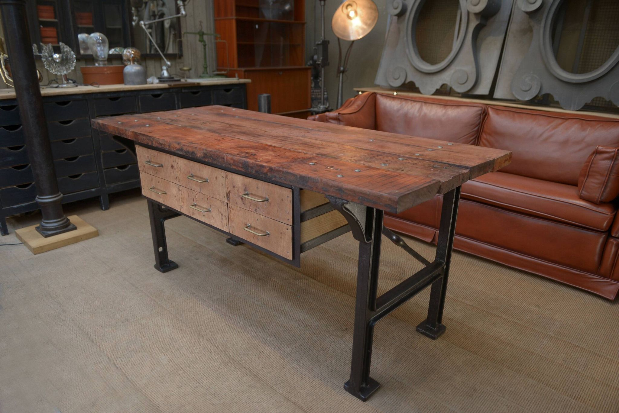 factory workbench in cast iron and wood 1930 with 9 drawers