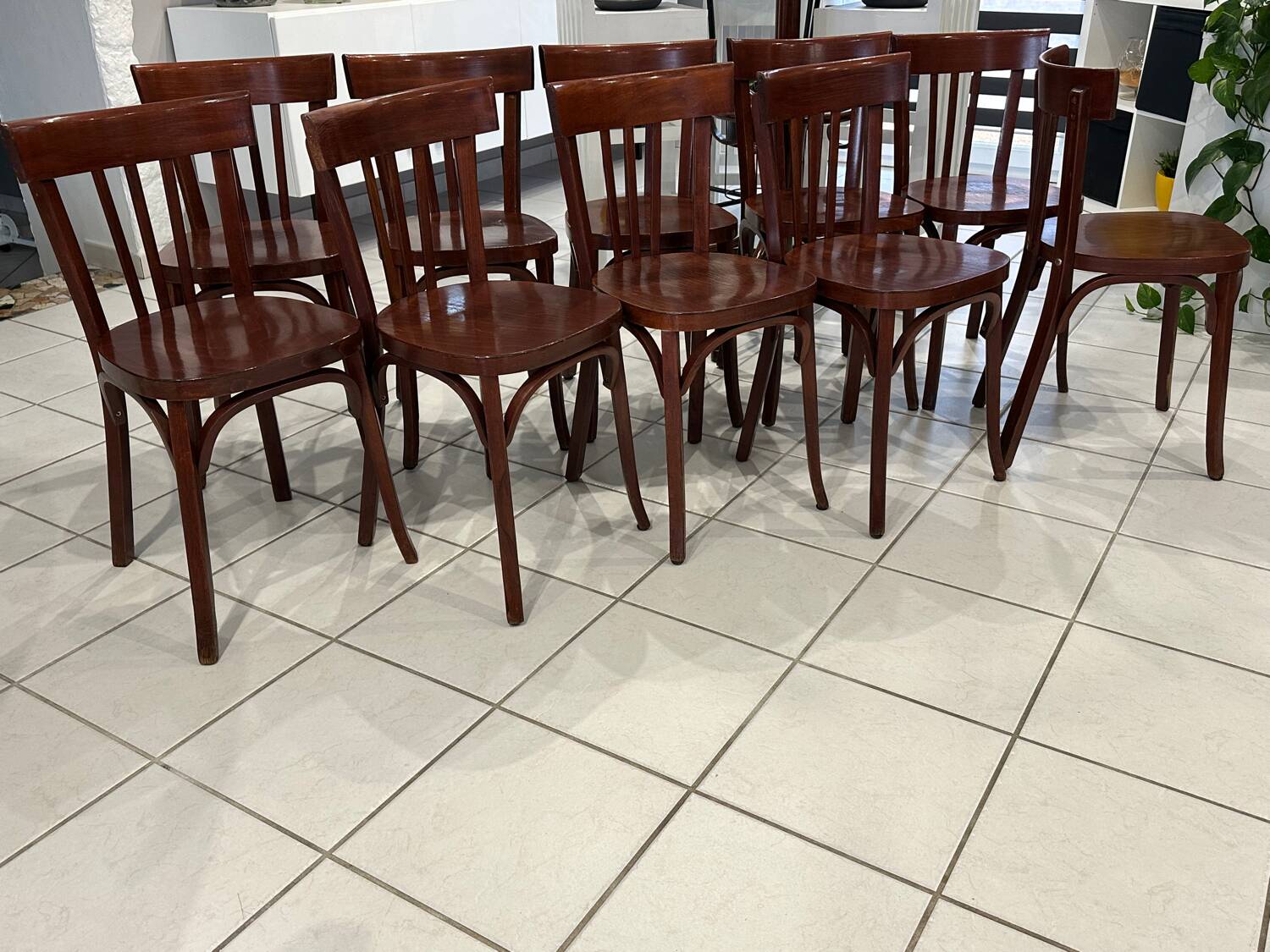 Set of 10 vintage bistro chairs from the 1970s.