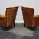 Fauteuil club en cuir vintage hollandais de couleur cognac, ensemble de 2