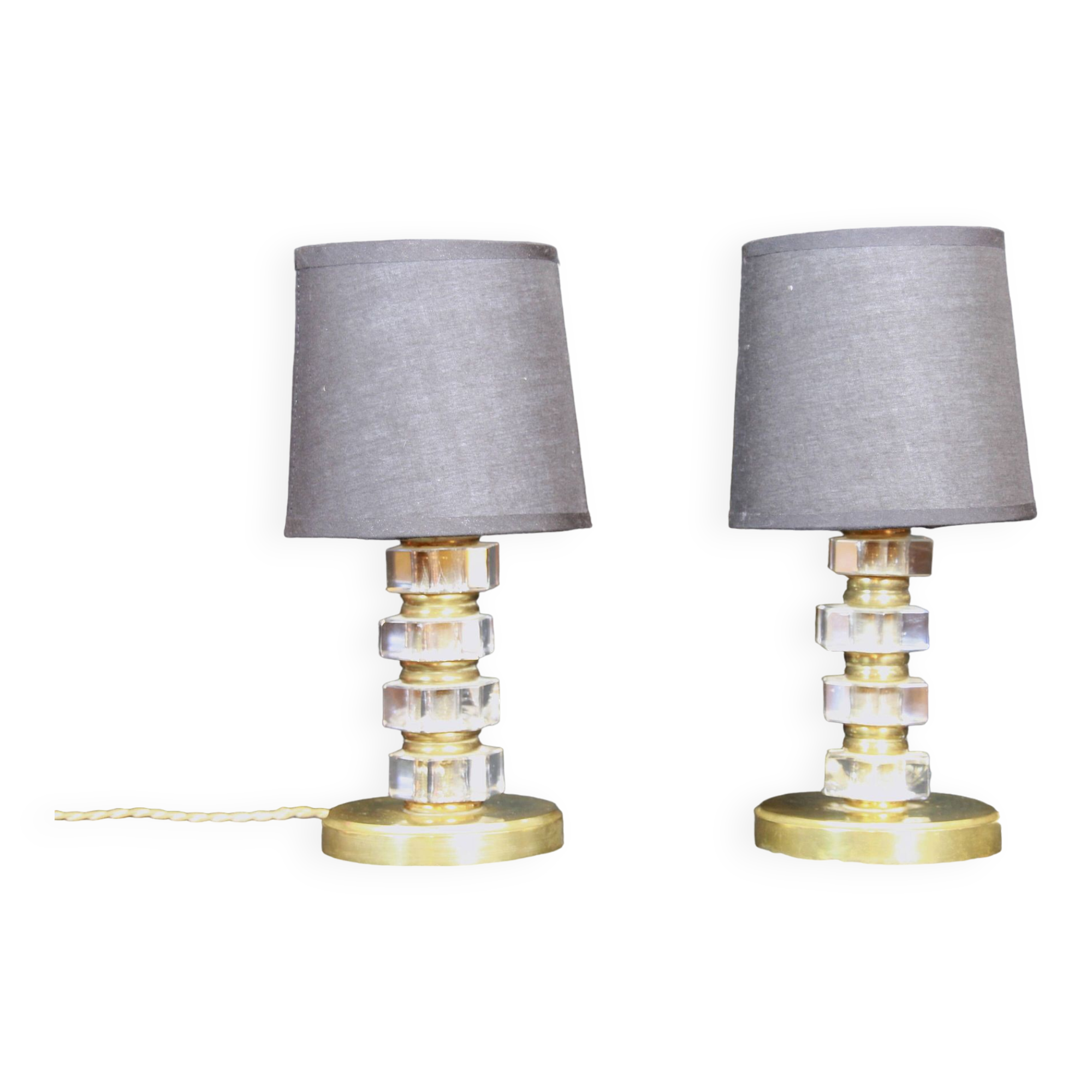 Pair of brass & lucite bedside lamps, France, Mid-Century