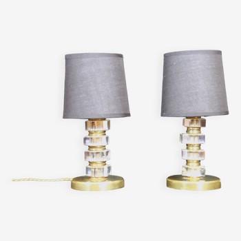 Pair of brass & lucite bedside lamps, France, Mid-Century