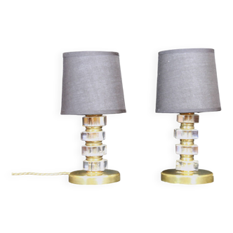 Paire de Lampes de chevet laiton & lucite, France, Mid-Century