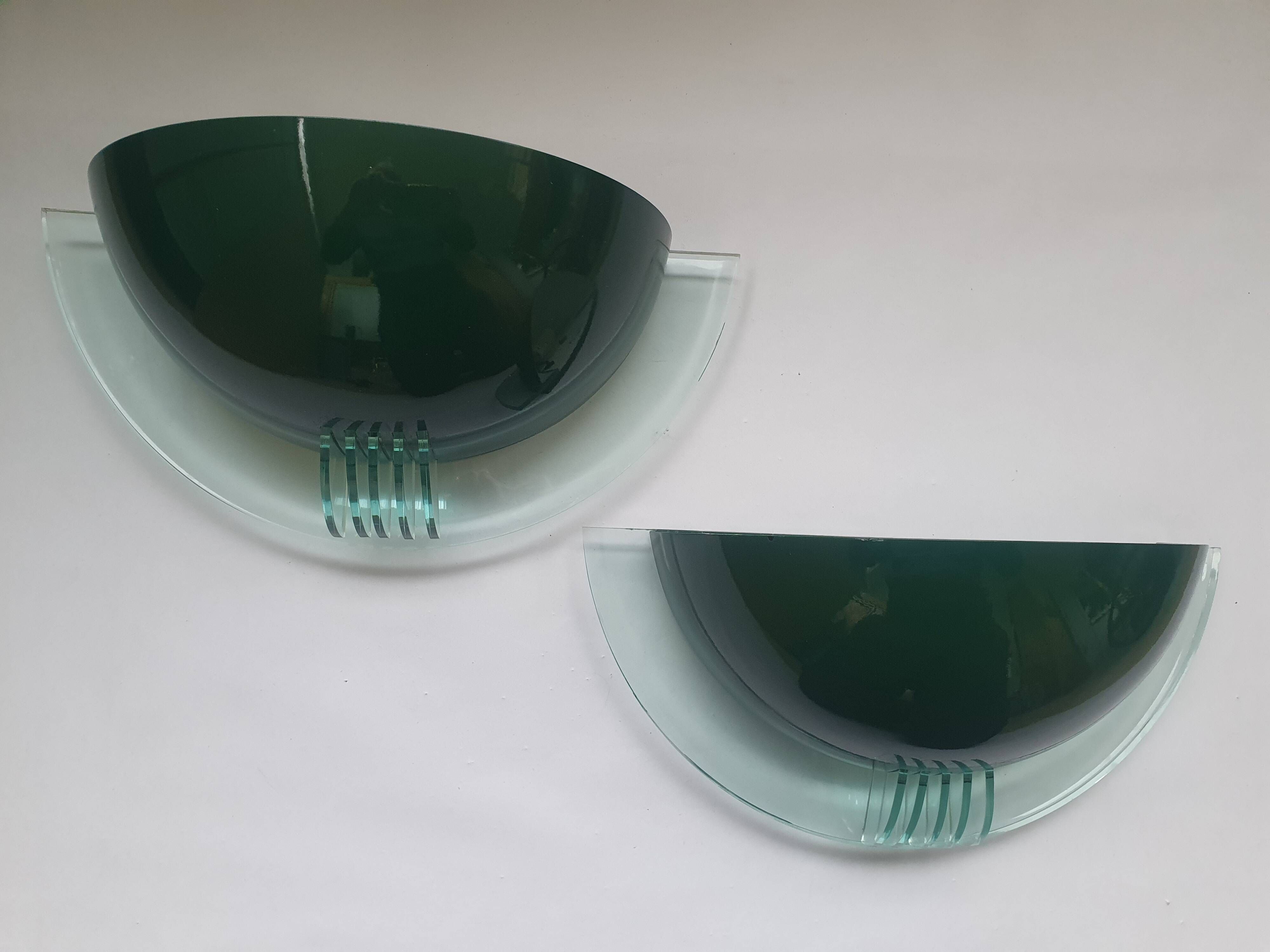 Pair of half-moon wall lights in green metal and plexiglass, 1980s