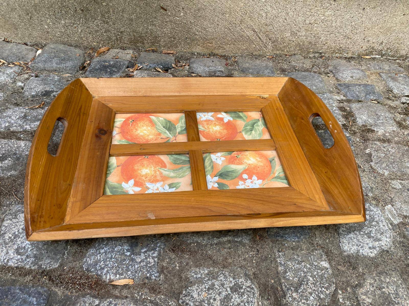 Plateau de service rectangulaire vintage en bois massif 4 compartiments