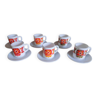 6 coffee cups + 6 vintage Arcopal Mobil bowls