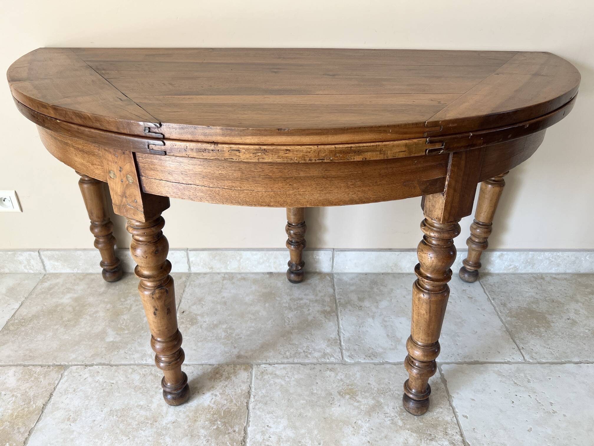 Louis-Philippe XIXth century demi-lune console table in solid walnut – seats 6 people.