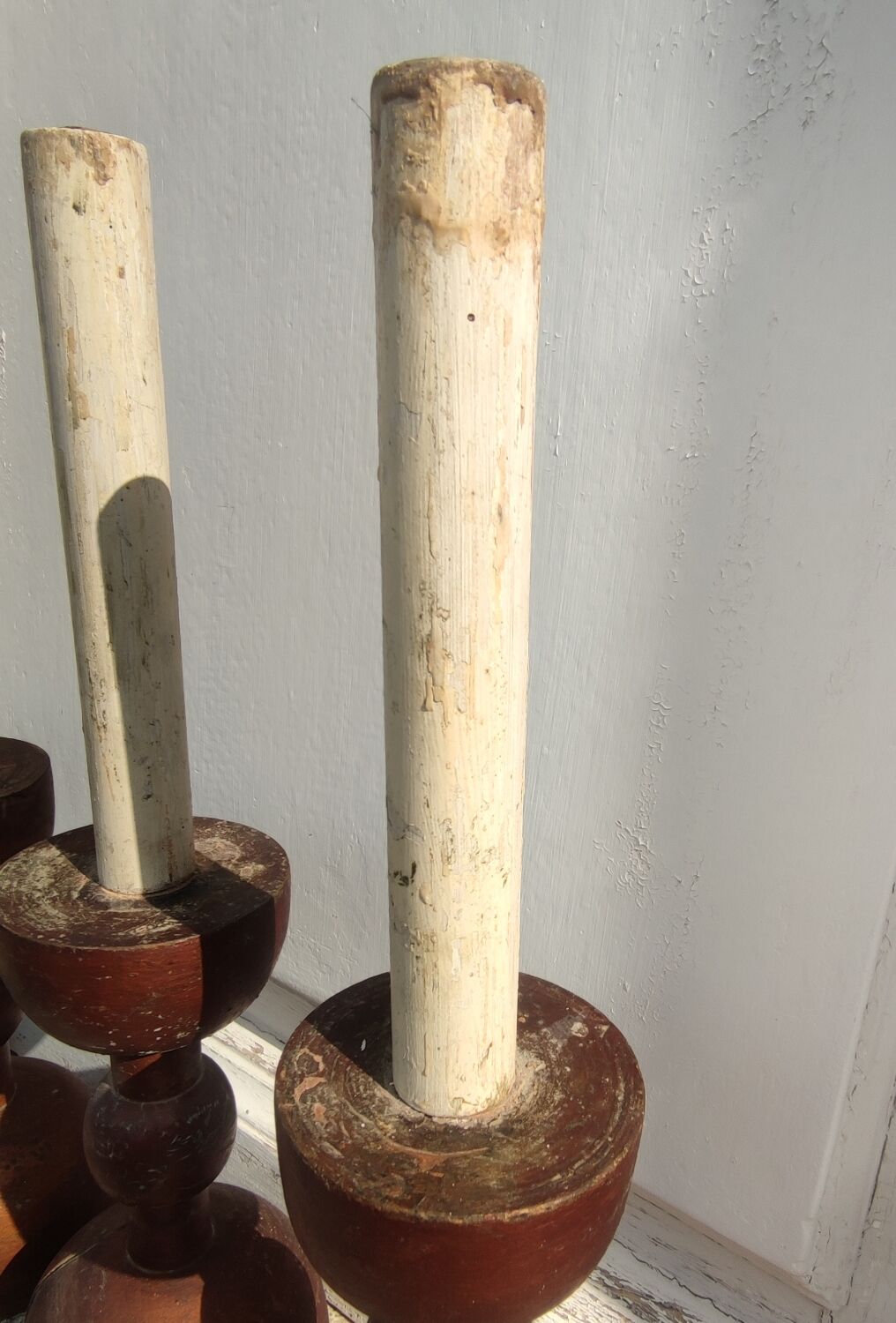 Series of 4 old large wooden candlesticks/brutalist