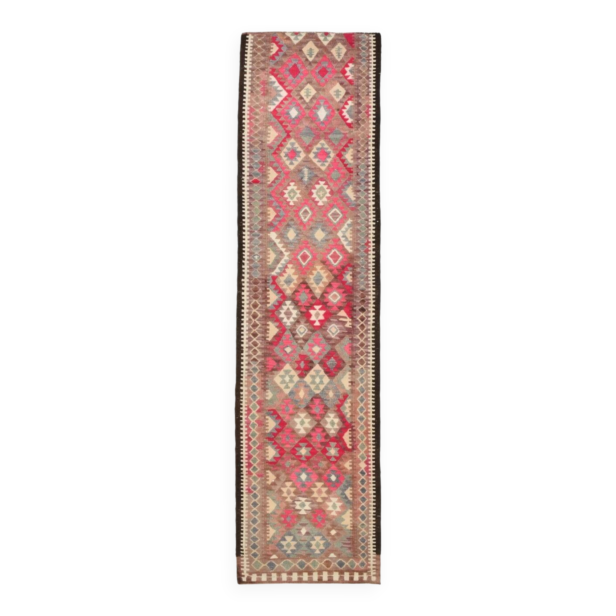 Tapis runner vintage kilim, tons rouges et beiges, motifs géométriques