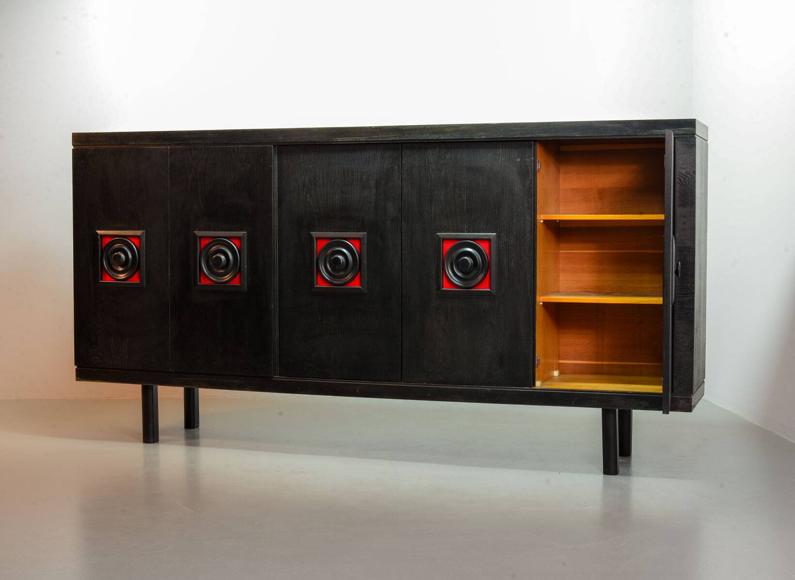 Large Brutalist Black Highboard with Red Accents Belgium 60s