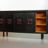Large Brutalist Black Highboard with Red Accents Belgium 60s