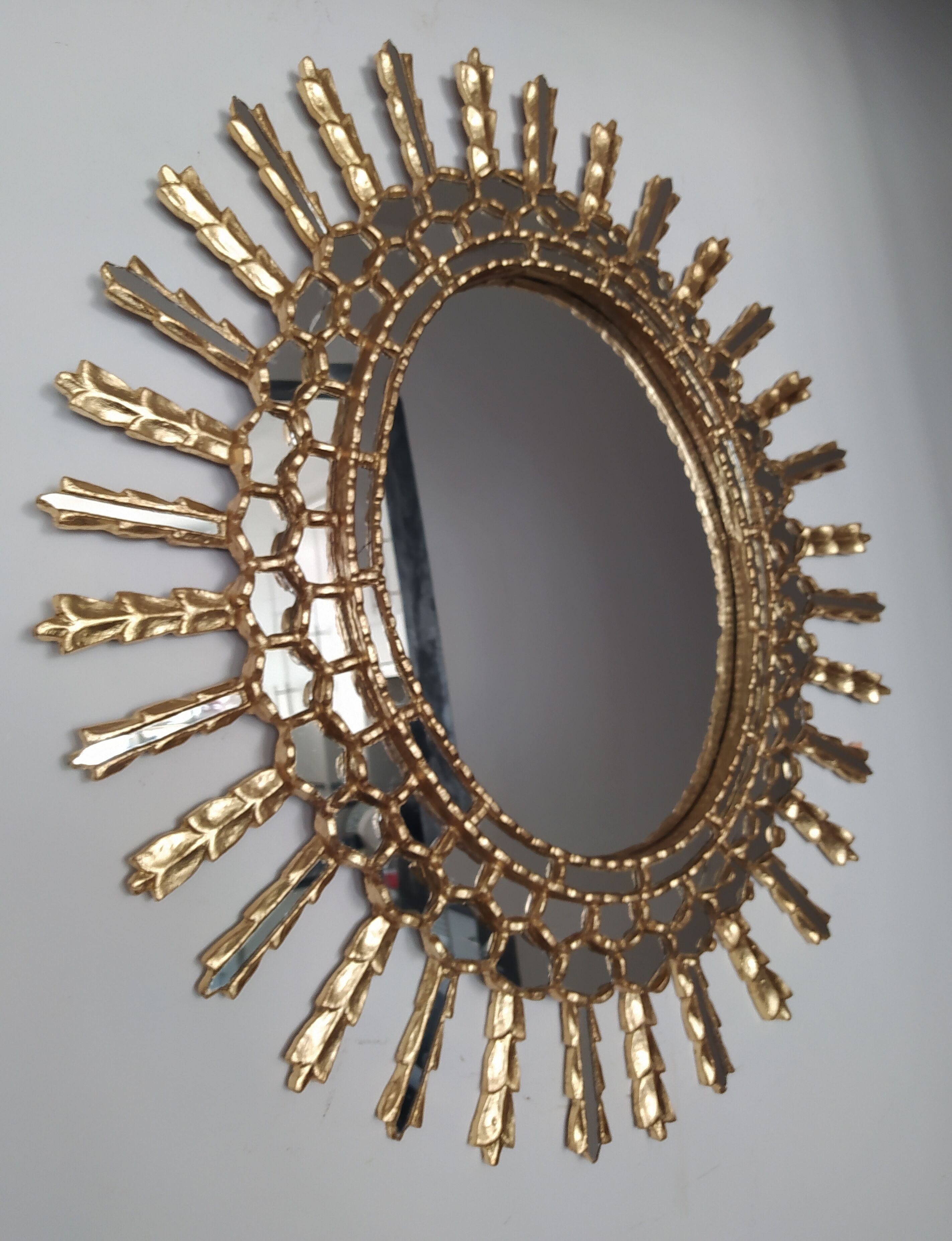Golden wooden sun mirror 65x75cm