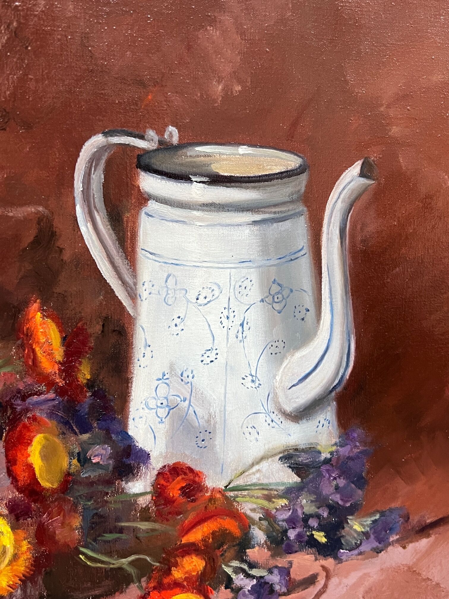 Painting, still life with flowers and fruits.