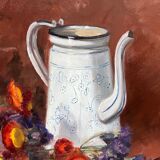 Painting, still life with flowers and fruits.
