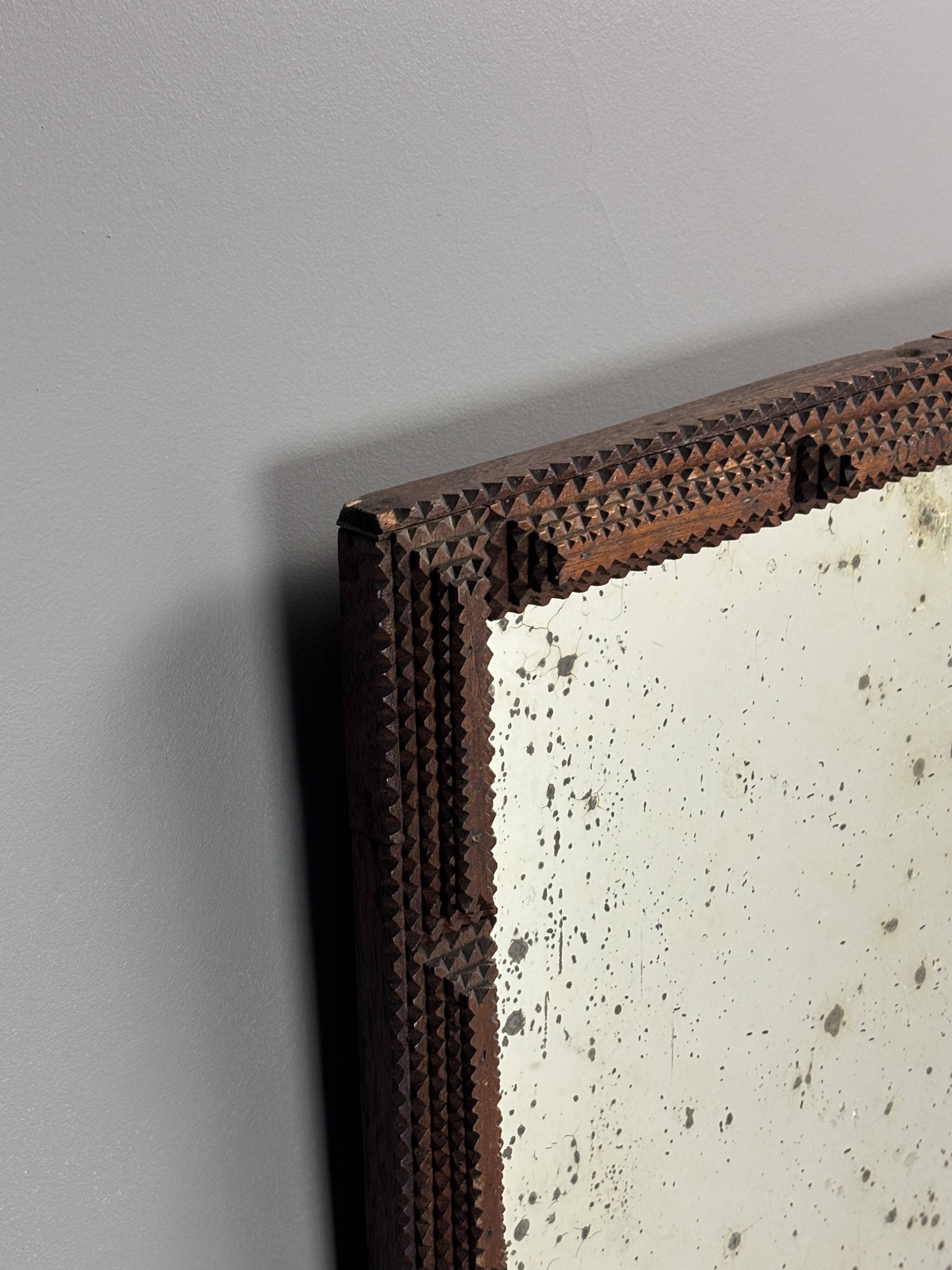 Antique tramp art folk art distressed mirror, Belgium ca 1900s