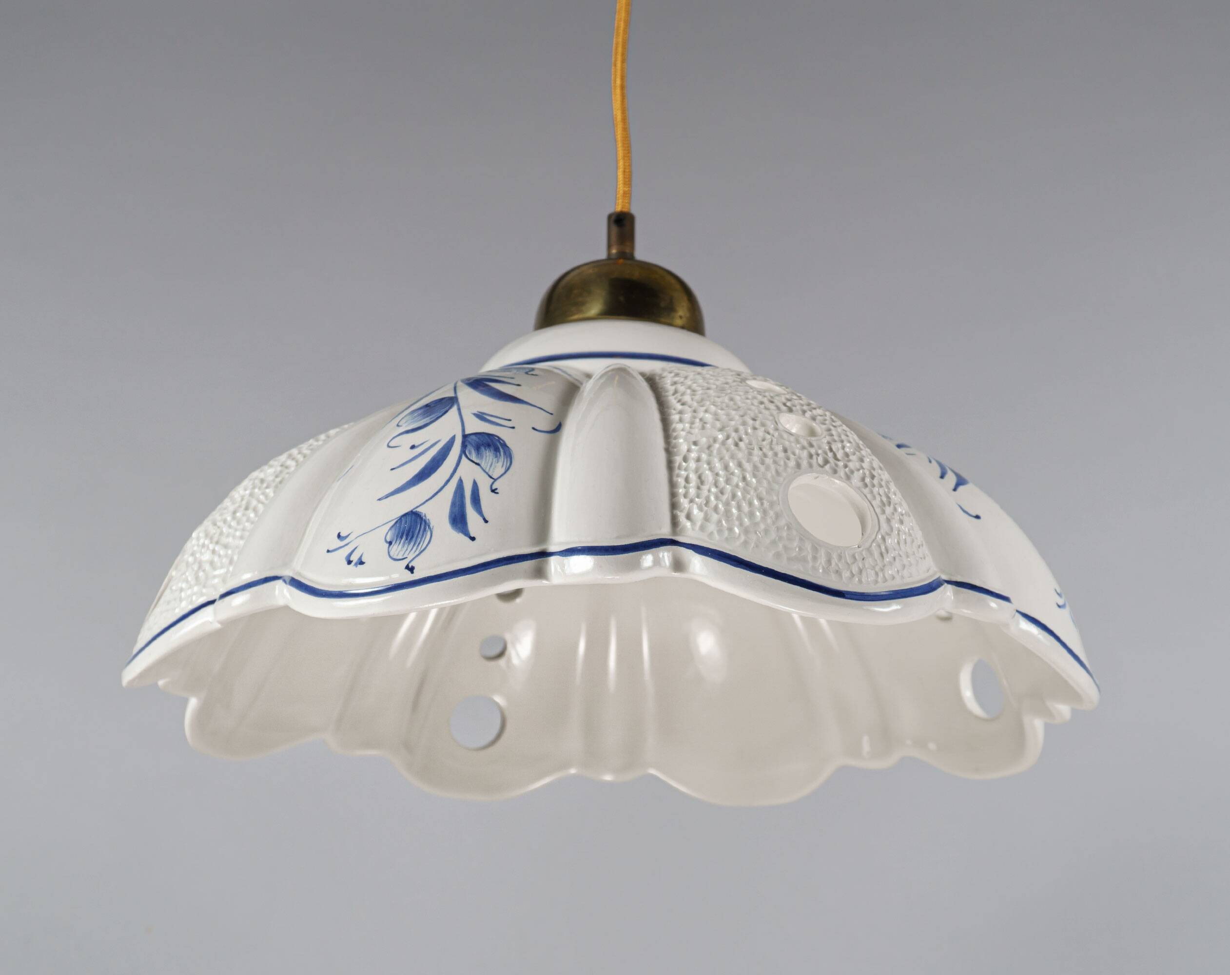 1980s Vintage Hand-Painted Portuguese Pierced Pottery Pendant Lamp