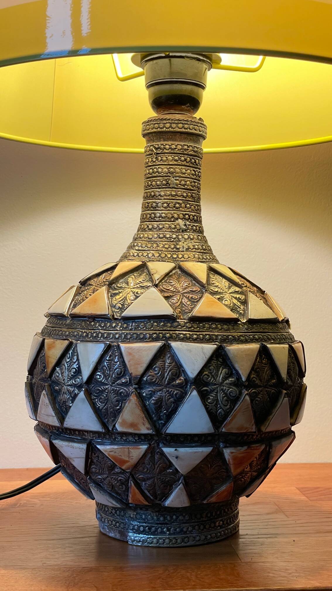 Vintage handcrafted lamp, pottery and silver-plated metal
