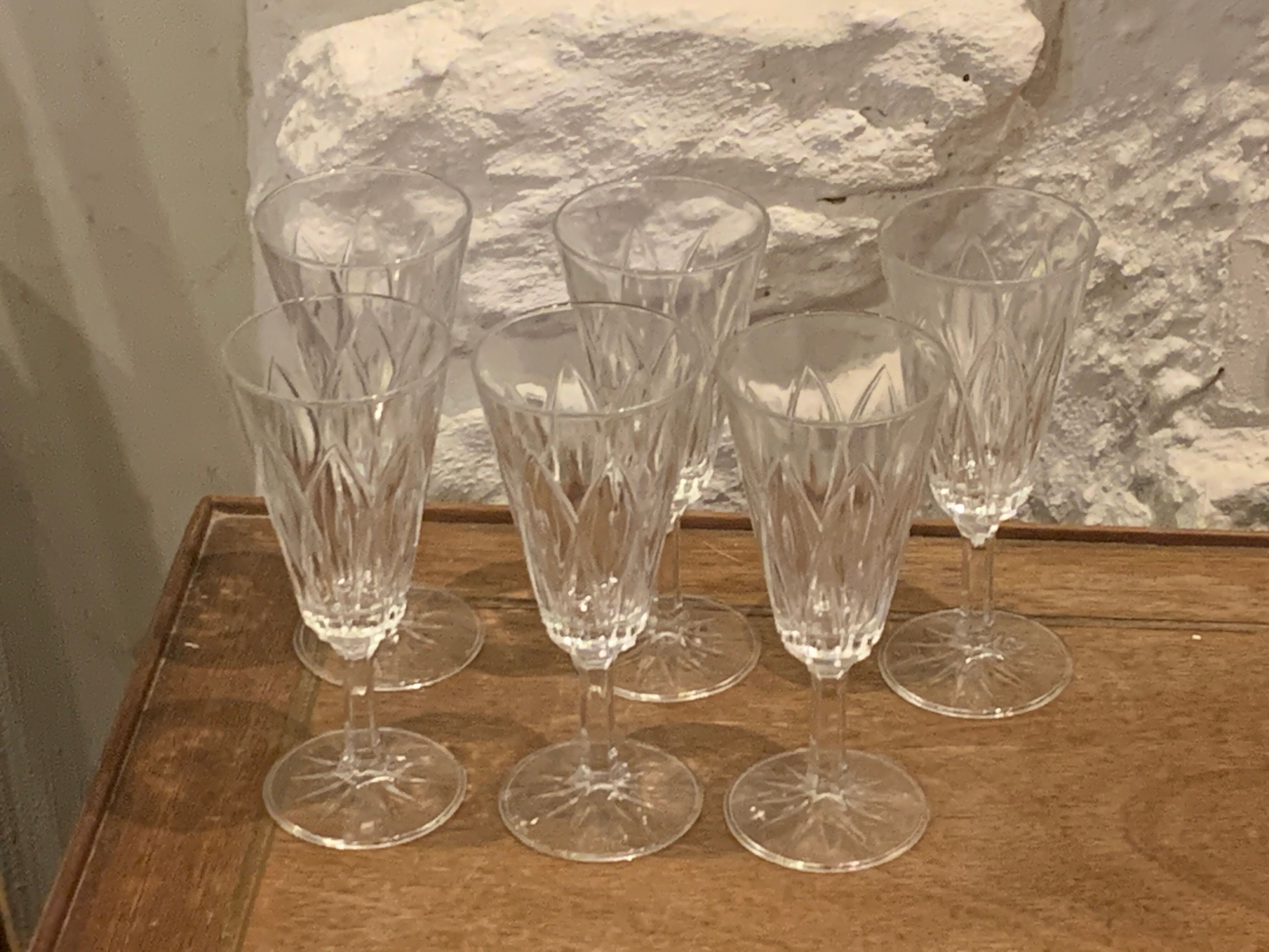 6 vintage champagne flutes patterned leaves or petals