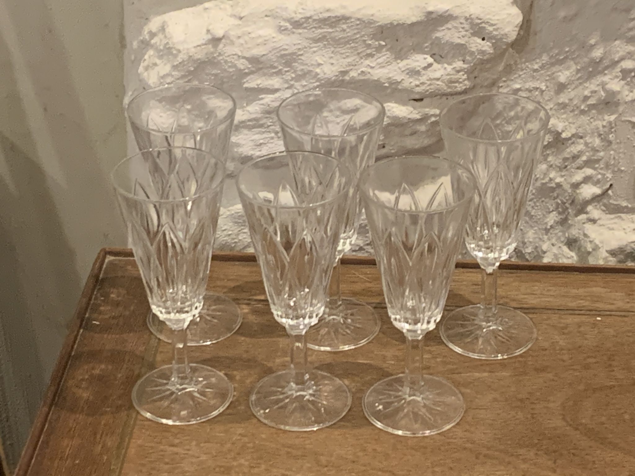 6 vintage champagne flutes patterned leaves or petals