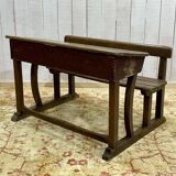 Early 20th century oak school desk with porcelain inkwells