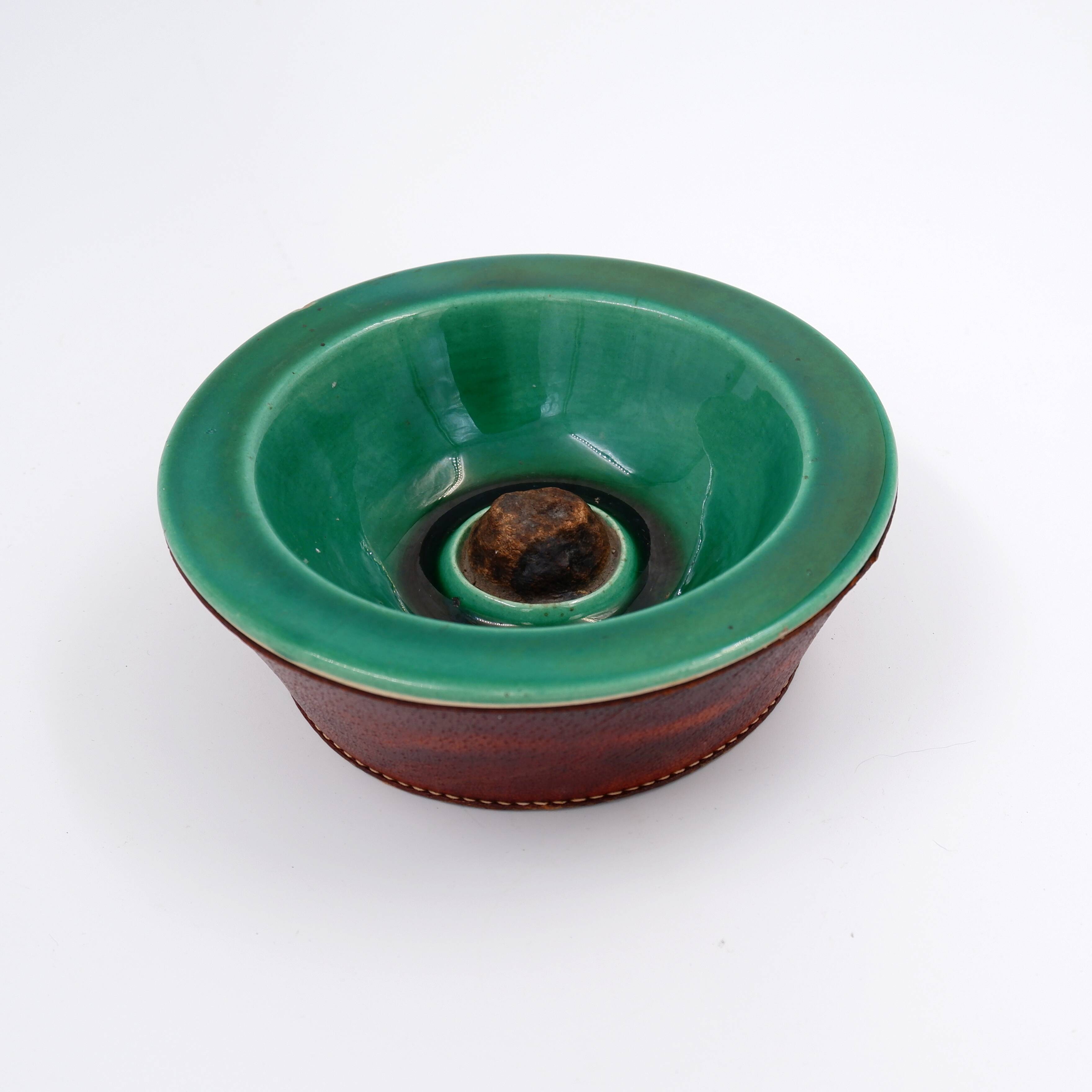 Vintage ceramic and leather ashtray from the 1950s