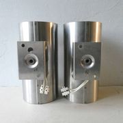 Pair of UFO space age wall lamp in brushed metal and orange lacquered, 70's
