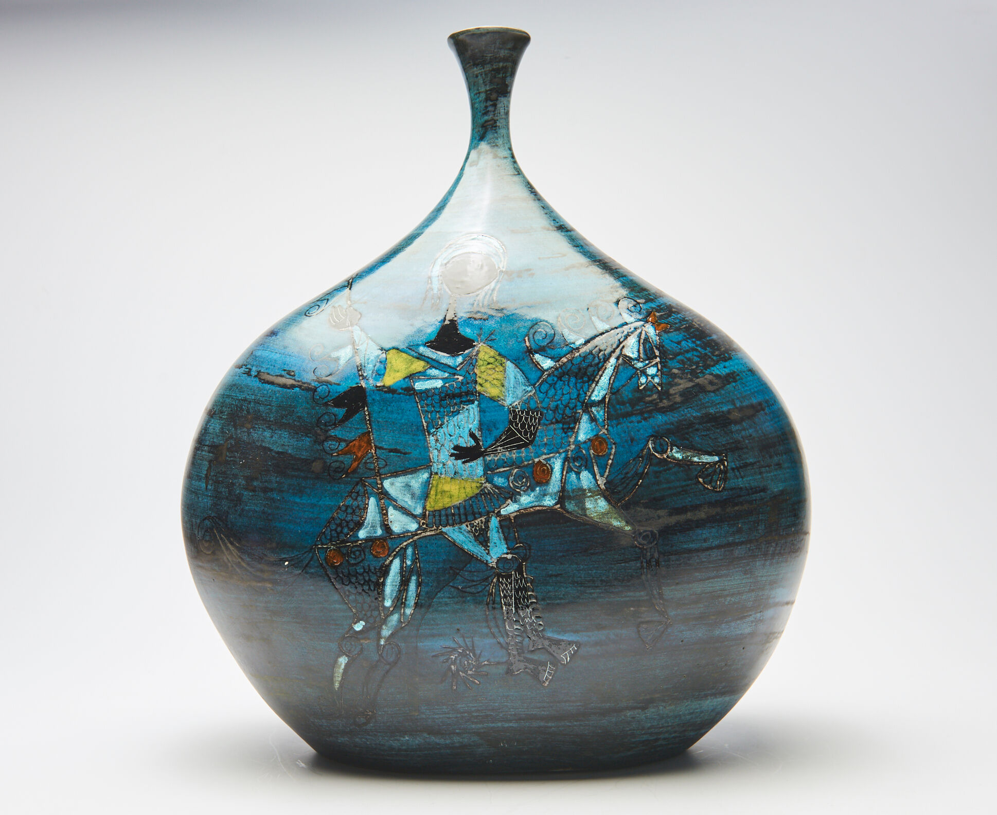 Large blue vase with ceramic rider by Jean de Lespinasse