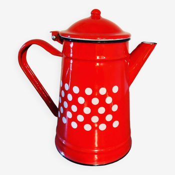 Red enameled coffee pot with white polka dots